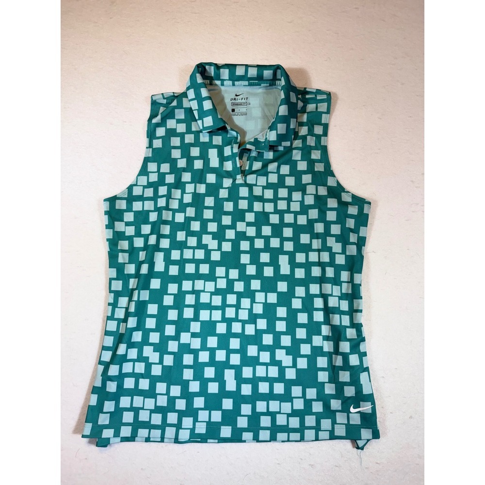 Nike Dri Fit Sleeveless Golf Polo Shirt Women's Large Teal White Squares - Picture 1 of 3